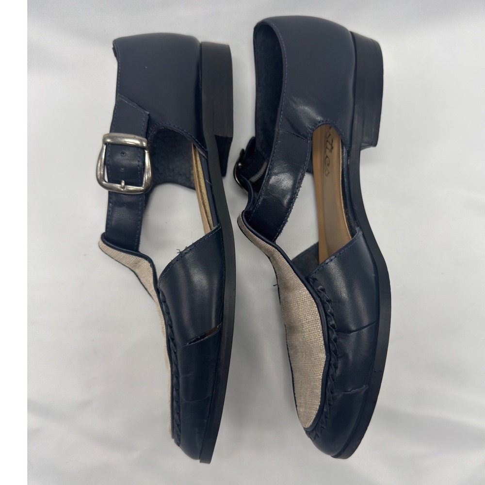 Westies T-Strap Flats Womens 8M Navy Blue Leather Linen Vintage Excellent Brazil - Picture 4 of 13